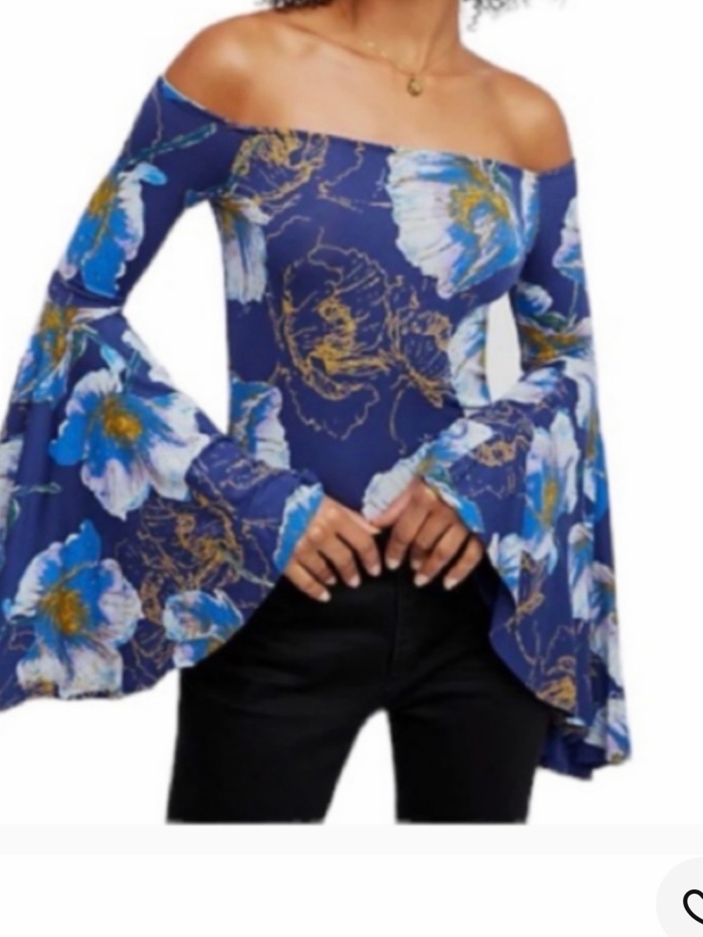 Free People vintage Off-Shoulder Blue Floral Bell-Sleeve Women's Top